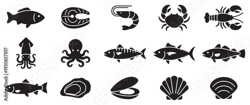 Various fish and seafood icons representing marine animals and shellfish commonly found in ocean waters and culinary dishes.