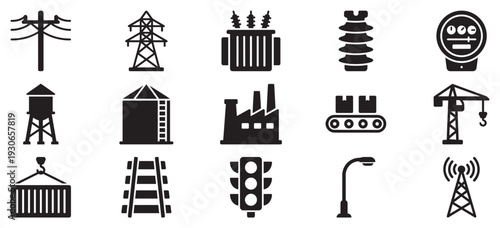 Infrastructure and industrial icons representing essential services and systems crucial for modern urban and rural development.