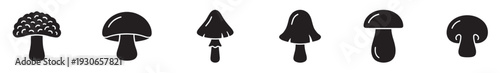 Different types of mushrooms and fungi silhouettes are presented in a collection of simple black vector icons for various design purposes.