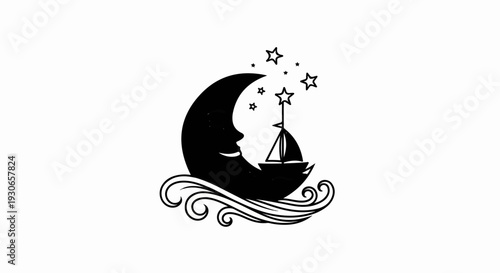 A whimsical crescent moon with a face sails on stylized waves with a boat