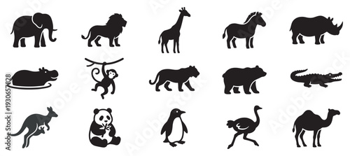 Various wild animal silhouettes collection for design projects, featuring iconic creatures from around the globe.
