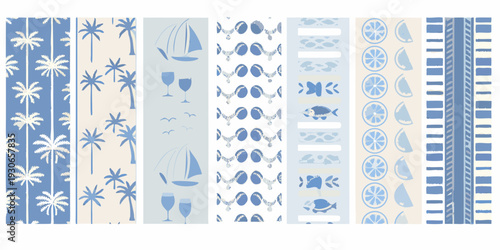 Coastal themed pattern swatches featuring tropical and nautical elements