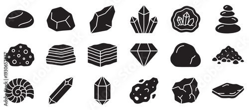 Various rocks minerals crystals fossils and stones collection showcasing diverse geological elements and natural formations in a simple icon set.