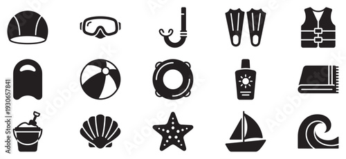 Swimming and beach icons representing various summer vacation activities, water sports essentials, and seaside leisure items for holidays.