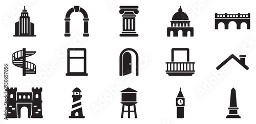 Architectural elements and building structures are depicted as simple black silhouette icons in this collection.