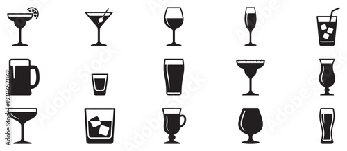 Various drink glasses and barware icons in a comprehensive collection representing different types of alcoholic and non-alcoholic beverages.