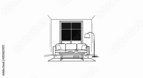 A minimalist line drawing depicts a modern living room with a sofa, coffee table, and floor lamp