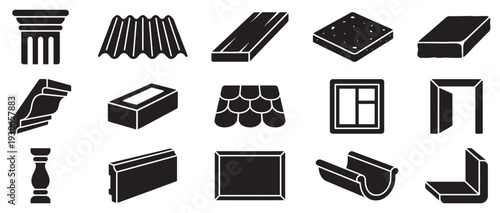 Building materials and architectural elements icons collection representing various construction and home improvement components in a clean, modern design.