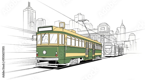 A vintage green and yellow tram speeds through a city with modern buildings in the background