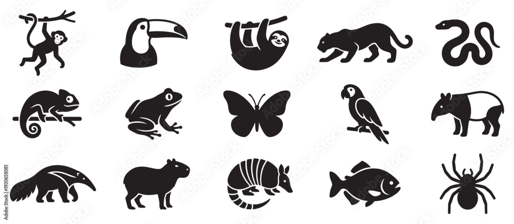 Fototapeta premium Tropical jungle animals and rainforest wildlife creatures are depicted in a collection of simple black silhouette icons.