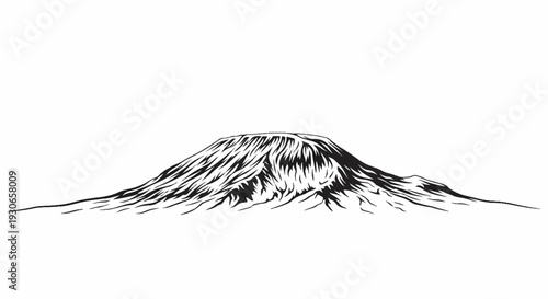 Stark black and white sketch of a majestic, conical mountain with detailed texture