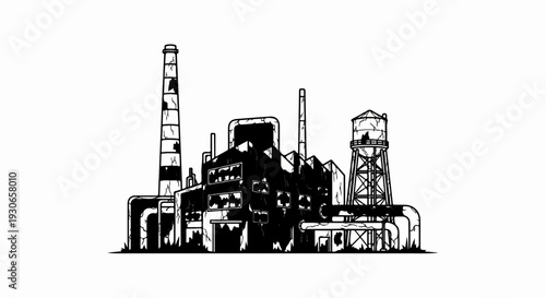 A stark black and white illustration of a decaying industrial complex with broken windows and pipes