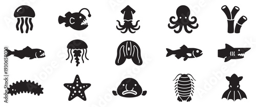 Deep sea creatures and marine animals icon set collection representing various fascinating aquatic life forms in simple black silhouettes.