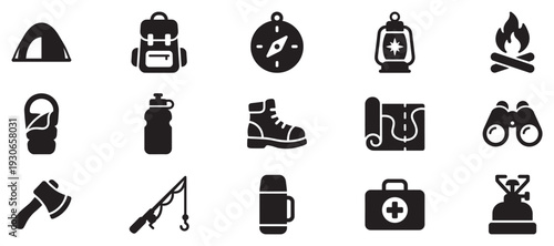 Camping and outdoor activity icons set featuring essential gear for adventure, exploration, and wilderness travel.