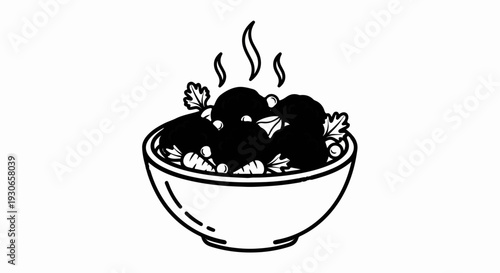 A steaming bowl of meatballs and vegetables, presented in a simple line art illustration