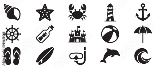 Beach and sea vacation icons set with various summer elements, perfect for travel, holiday, and ocean-themed designs.