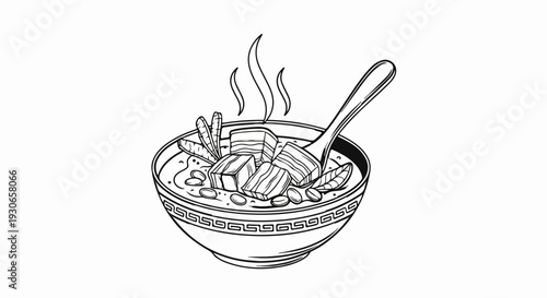 A steaming bowl of hearty stew with chunks of meat and vegetables, served with a spoon