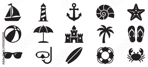 Collection of summer beach vacation travel holiday themed icons representing various elements of seaside recreation and tropical destinations.