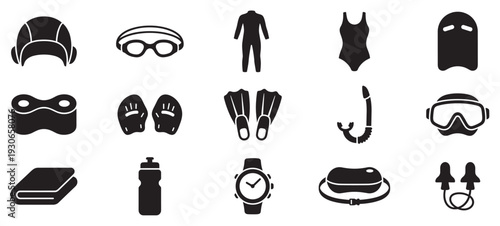 Swimming and diving equipment accessories icon set for aquatic sports and water activities, presented as black silhouettes.