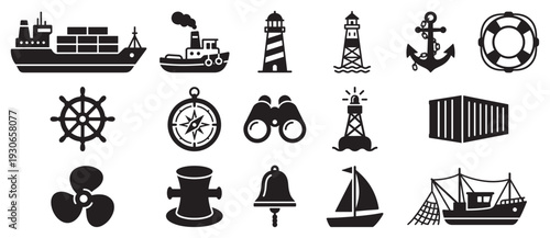 Collection of maritime and nautical icons representing essential elements of sea travel, navigation, and shipping.