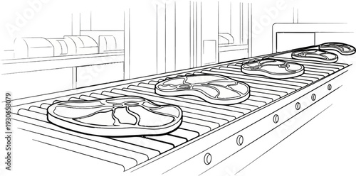 Steak cuts moving along a processing line on a conveyor belt