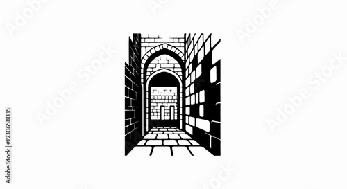 A stone corridor with arched openings and cobblestone floor leads to a distant doorway