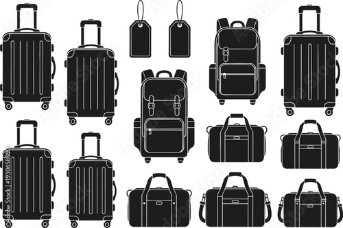 Black silhouette travel luggage set, rolling suitcases, backpacks, duffel bags, luggage tags, stylish vector illustration, tourism equipment, vacation accessories, modern travel gear design