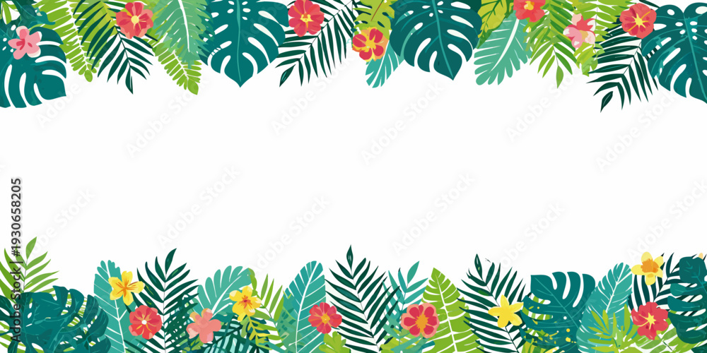 Naklejka premium A vibrant tropical foliage border with monstera and hibiscus flowers