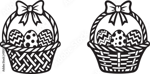 Easter basket with decorated eggs and ribbon bow for holiday spring greeting