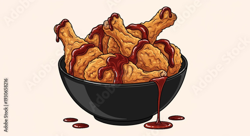 Crispy chicken drumsticks generously drizzled with rich, dark sauce in a black bowl