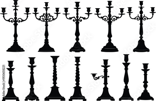 Candle holder silhouettes vector illustration, ornate candelabra artwork, antique candlestick design, decorative lighting graphic, interior decor concept, vintage candle stand arrangement