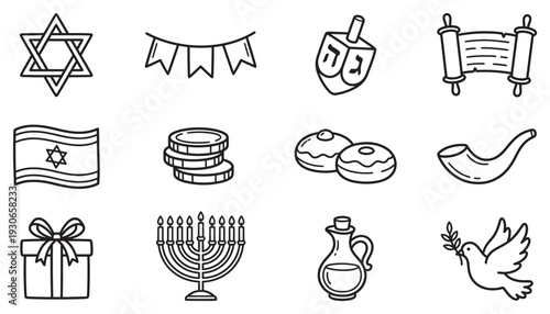 Jewish symbols, Hanukkah icons, and holiday elements in a versatile outline style for various designs and celebrations.