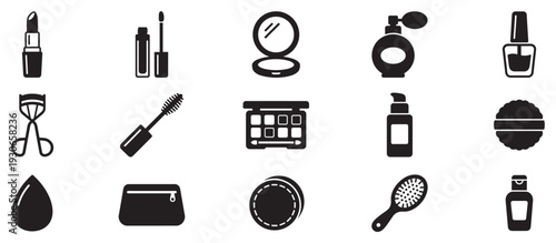 Makeup and beauty products icons collection featuring various essential items for daily personal grooming and cosmetic applications.