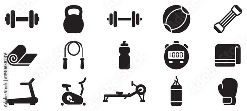 Gym fitness equipment icons set for workout and training sessions, illustrating essential tools for a healthy lifestyle.