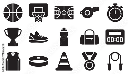 Basketball equipment and accessories icons set featuring essential items for players, coaches, and sports enthusiasts, perfect for graphic design.
