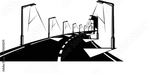 A perspective view of a road with streetlights and light beams