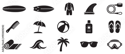 Beach and surf icons collection representing summer vacation activities and essentials for a tropical holiday.
