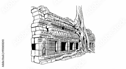 Ancient stone temple overgrown with massive tree roots, showcasing intricate carvings