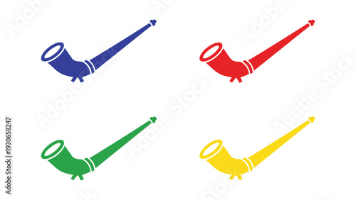 Colorful stylized illustrations of party horns in four vibrant colors