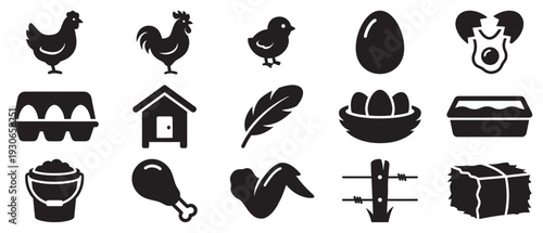 Chicken and egg farm related icons set featuring various poultry, fresh eggs, and essential farming elements for agricultural themes.