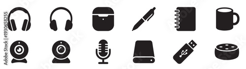 Collection of office and technology icons representing modern daily essentials in a clean, minimalist, and versatile design.