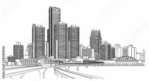Striking line art depicts a bustling metropolis skyline with a monorail system