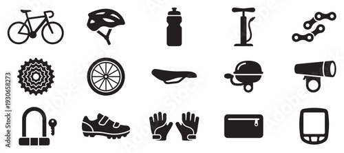 Cycling equipment and accessories vector icons collection representing various items for bicycle maintenance and safety.