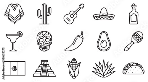 Mexican culture symbols and traditional elements set as line art icons representing various aspects of the country.