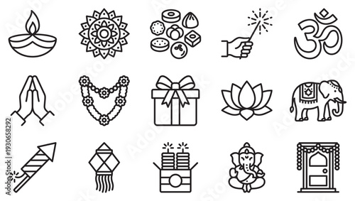 Indian festival icons and symbols representing various traditions and celebrations of Diwali and other cultural events.