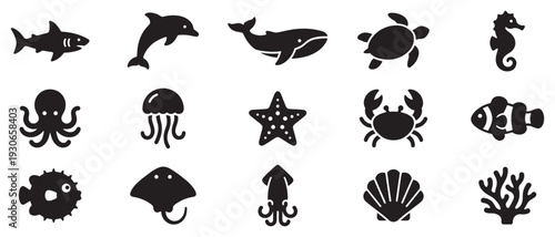 Sea animals and marine life icons set featuring various creatures in a simple silhouette style for ocean themes.