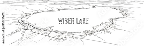 Stylized aerial view sketch of a lake and surrounding landscape with buildings