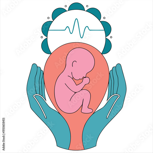 Modern flat vector illustration depicting a tiny baby in the womb, cradled by protective hands, symbolizing prenatal care and pregnancy health.