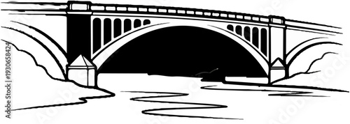 A grand arched bridge spans a winding river under a bright, cloudless sky