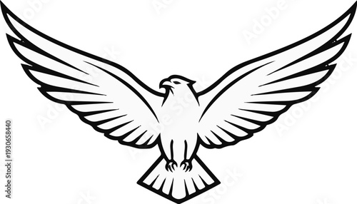 A graphic illustration of a majestic hawk in mid-flight, wings spread wide